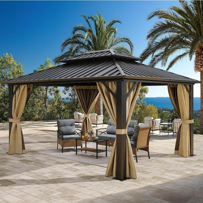 

10x12ft Gazebo Double Roof Canopy with Netting and Curtains, Outdoor Gazebo 2-Tier Hardtop Galvanized Iron Aluminum