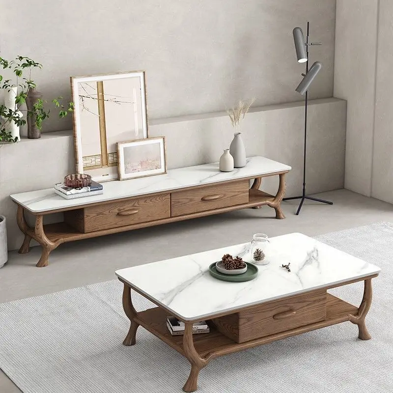 

Rock slab coffee table Nordic light luxury living room solid wood coffee table TV cabinet combination small household simple