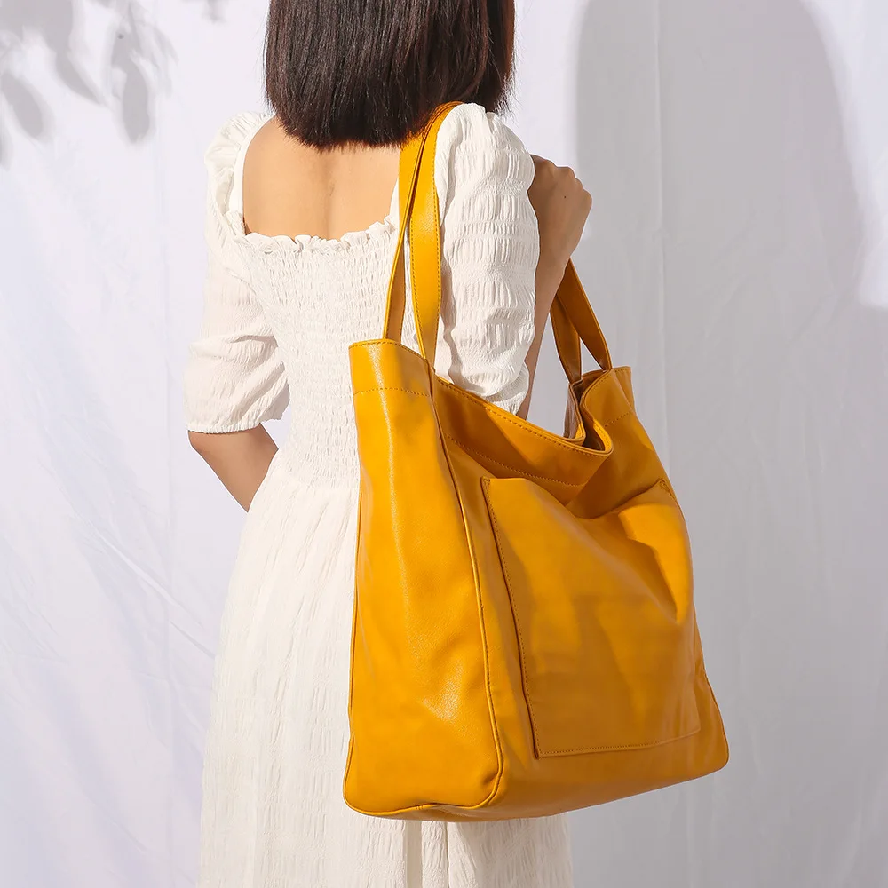 Women\'s large bag with pocket Soft leather portable One shoulder Vintage oil wax leather Large capacity 2024 new Tote bag Woman