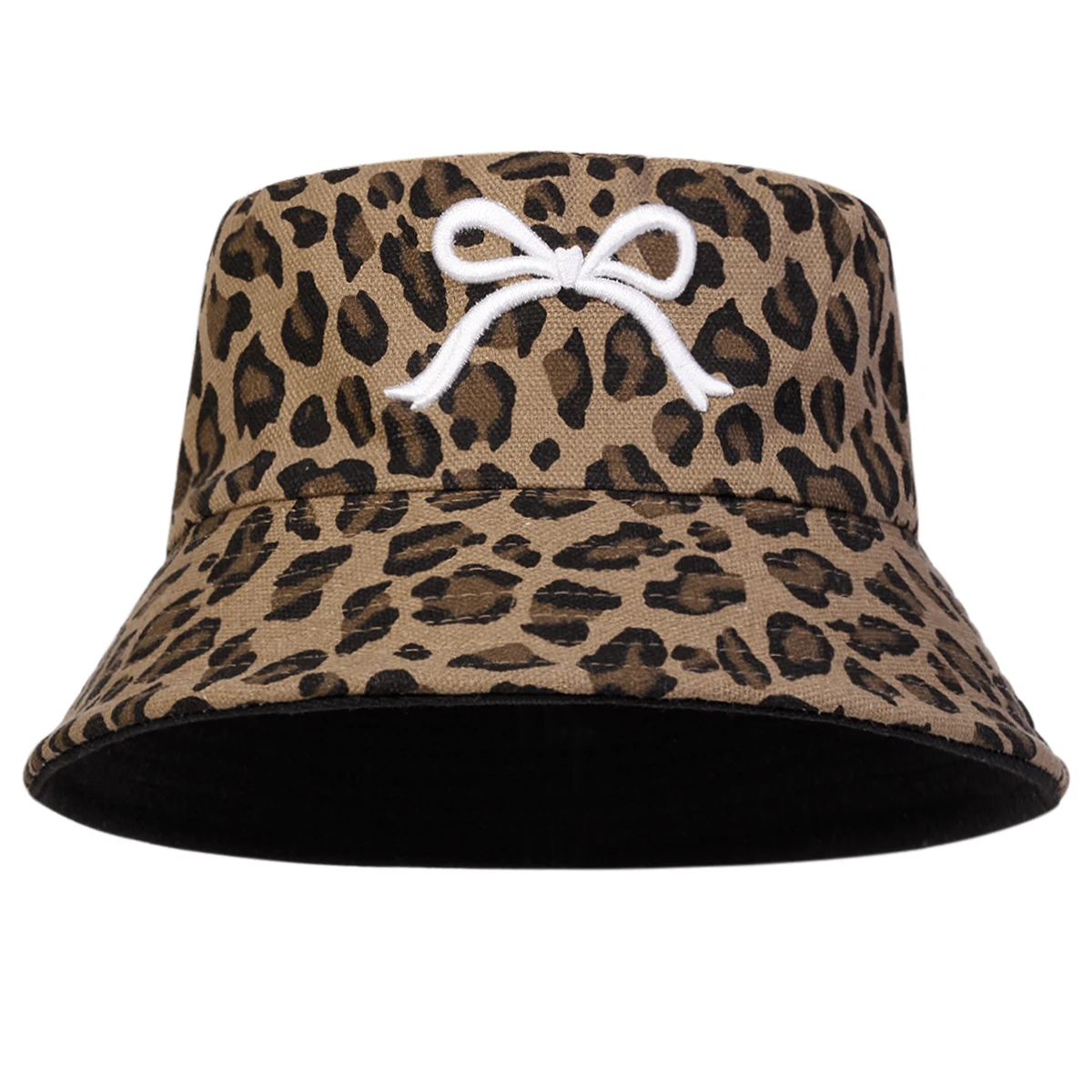 Unisex Bow Leopard Print Panama Fisherman Hat Outdoor Travel Hat Sunscreen Hats for Men Women Bucket Hat