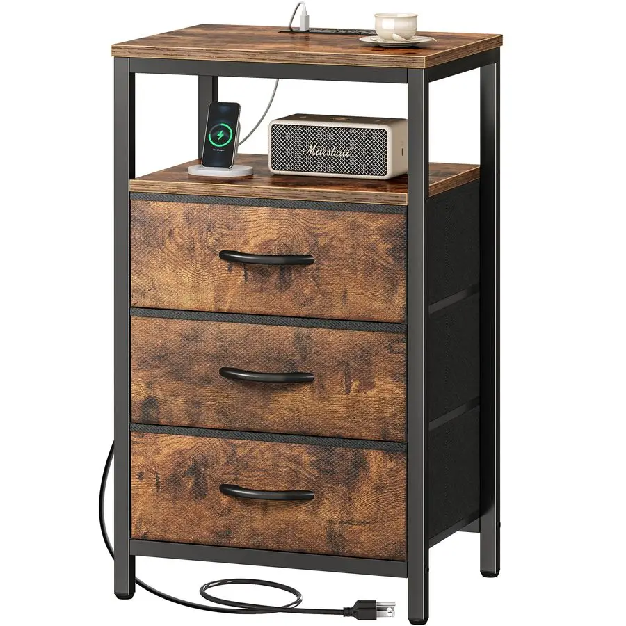 

Nightstand with Charging Station, 27.6 Inch Bedside Table with Fabric Drawers, End Table with USB Ports and Outlets, Night Stand