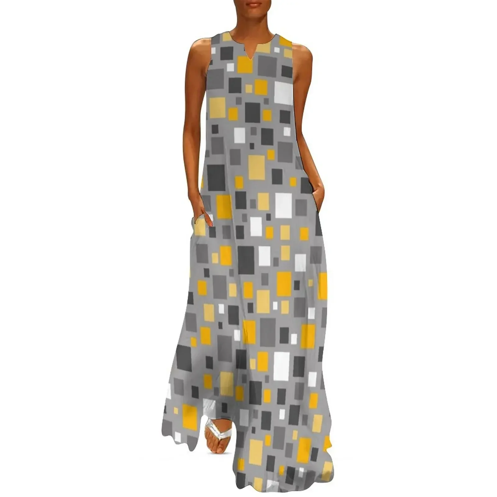 

Mustard Yellow and Grey Squares Pixel Polka Dot Long Dress Party dresses Dress