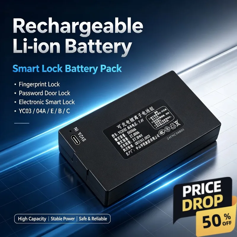 7.4V Rechargeable Lithium‑ion Battery Pack YC03 YC04 Series 5000mAh for Smart Fingerprint Lock Password Electronic Door Lock