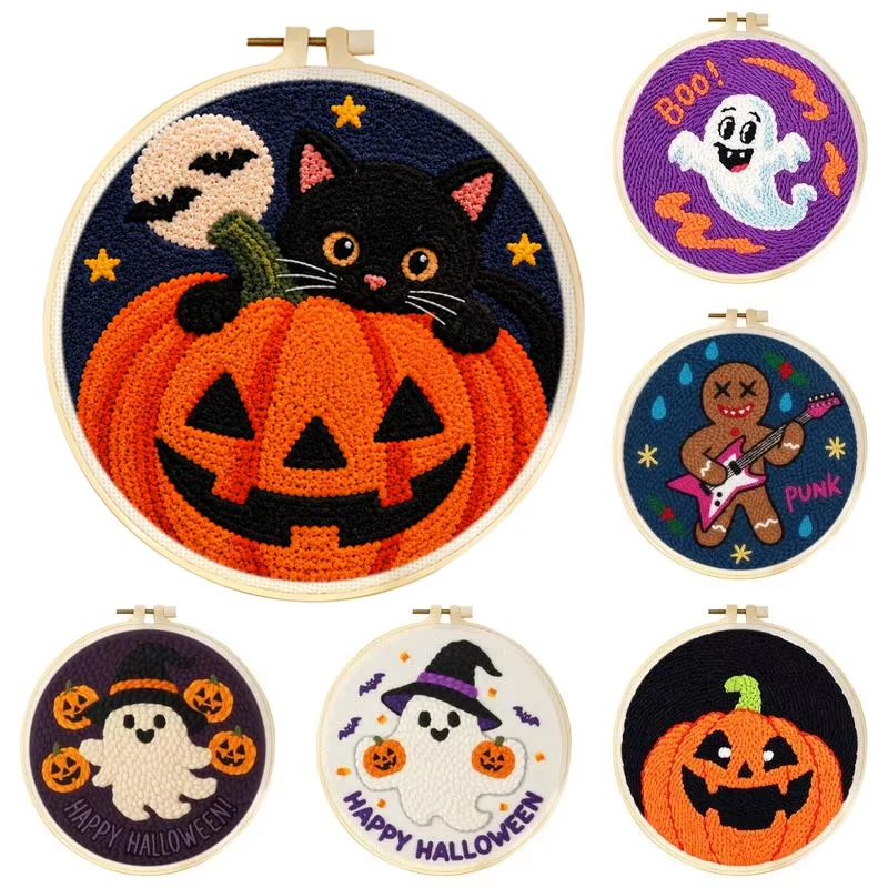Halloween Punch Needle Embroidery Kit Spooky Ghost DIY Craft Rug hooking with Hoop Funny Halloween Wall Art Decor For Beginner