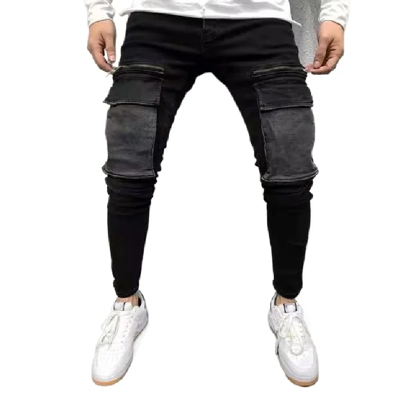 Men's Fashion Hip Hop Cargo Jeans Pants With Pockets High Street Slim Fit Stretchy Denim Trousers For Male Bottoms