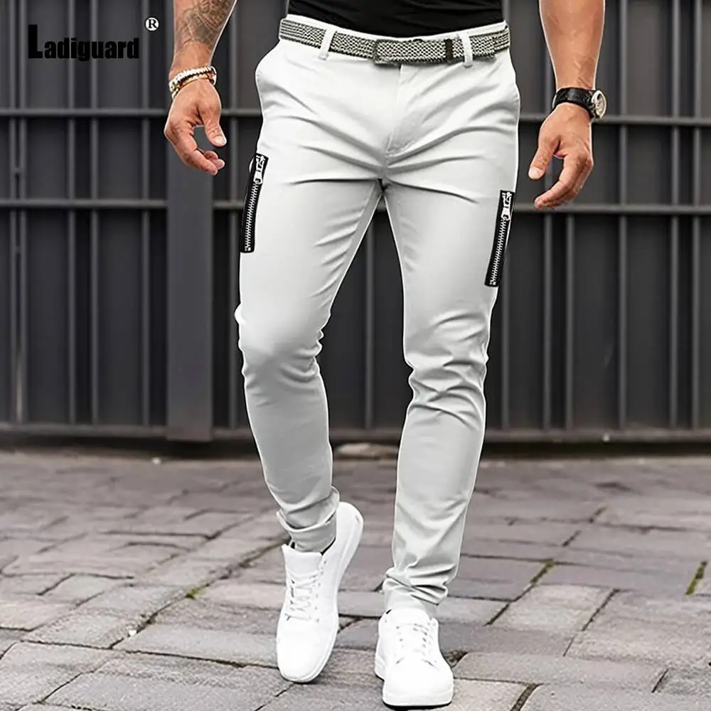 Plus Size 3Xl Men's Cargo Solid Grey White Pencil Pants Mens Elegant Fashion Zipper Pockets Trouser Men Streetwear 2026