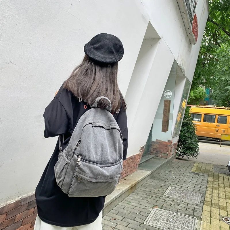 New Gray Denim Backpack Women's Leisure Travel Outing Shoulder Bag Female Fashion Schoolbags Suitable For Boys And Girls Mochila