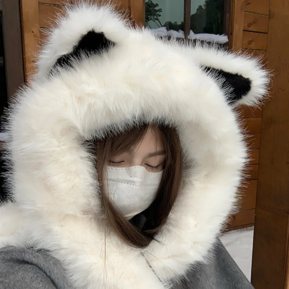 

Trendy Windproof Vixen Ear Beanie Hat Thicken Soft Integrated Cap Scarf Faux Fur Cold Resistant Hooded Scarf Skiing