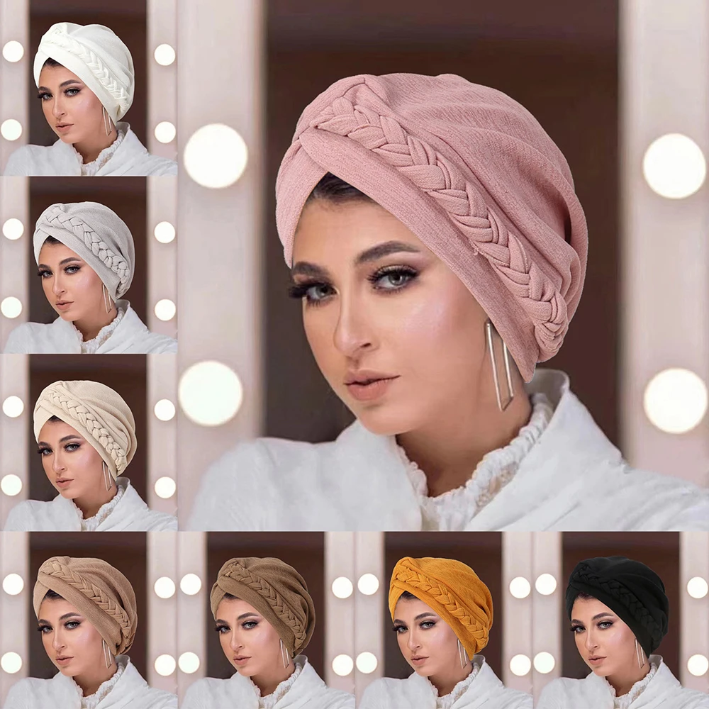 Topi Turban merah muda klasik, topi penutup rambut wanita poliester kepang elegan Hijab musim semi musim gugur