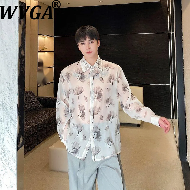 

WVGA Spring Summer New Man Tide Thin Ink Floral Printed Long Sleeve Shirt Niche Chic Casual Turn-Down Collar Sunproof Top W20495