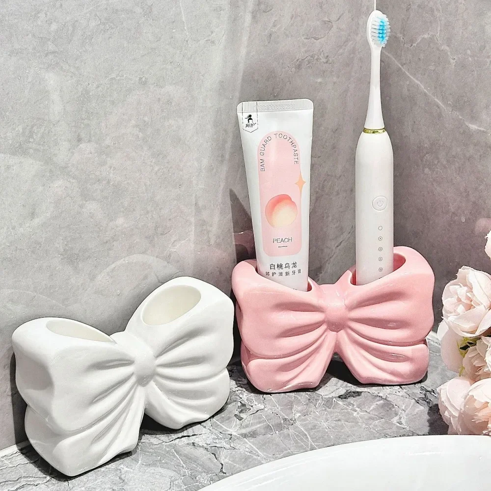 1pc Ceramic Bow Toothbrush Holder Ornament Ceramic Toothbrush, Toothpaste Storage Rack Bathroom Accessories Brush Holder