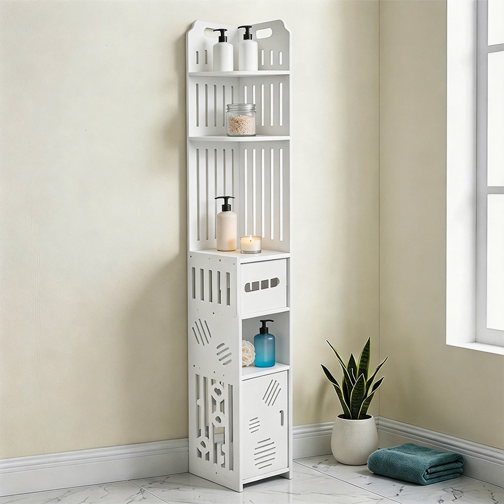 Image of Möbelsäule für Badezimmer, hoher Kleiderschrank für kleine Räume, Weiß