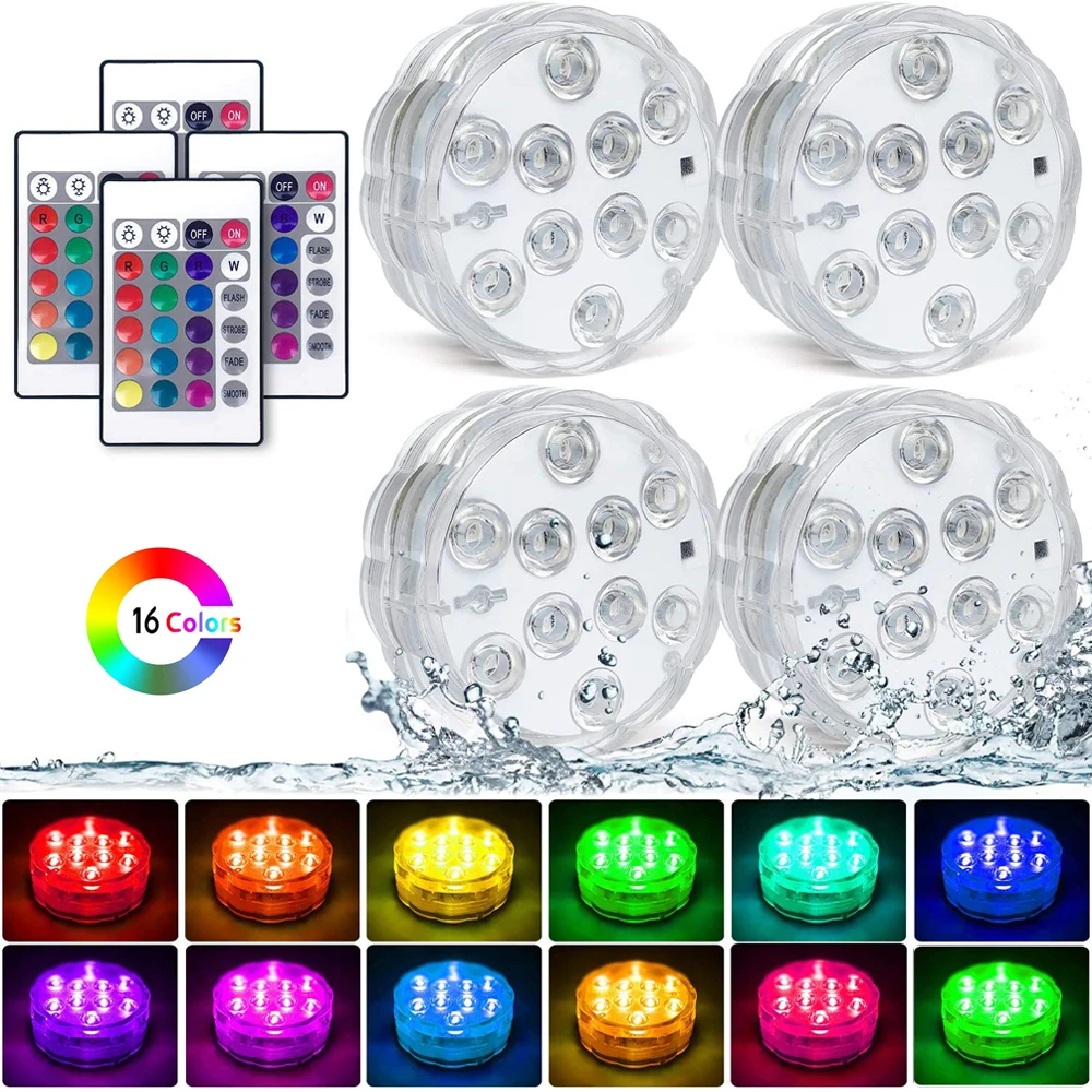 

10leds Sucker Submersible Light Waterproof Remote RGB Underwater Lights For Hmoe Party Night Aquarium Pool Bathtub Vase Decor