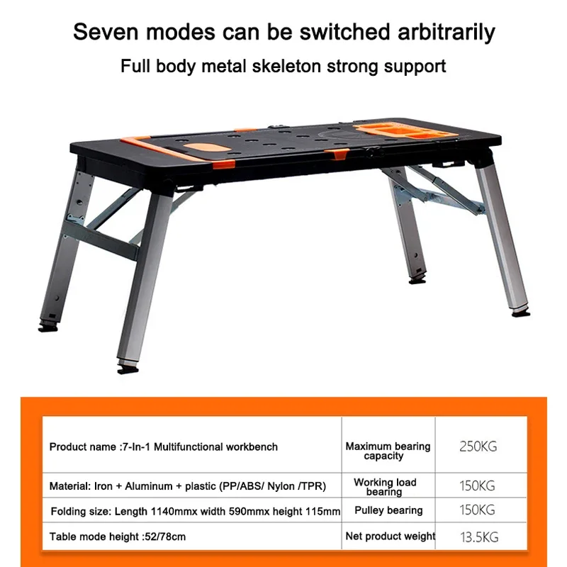 7- In -1 Multifunctional Workbench DIY Woodworking Table Portable Trolley Folding Cart With Wheels Workshop Tool Outing Handcart