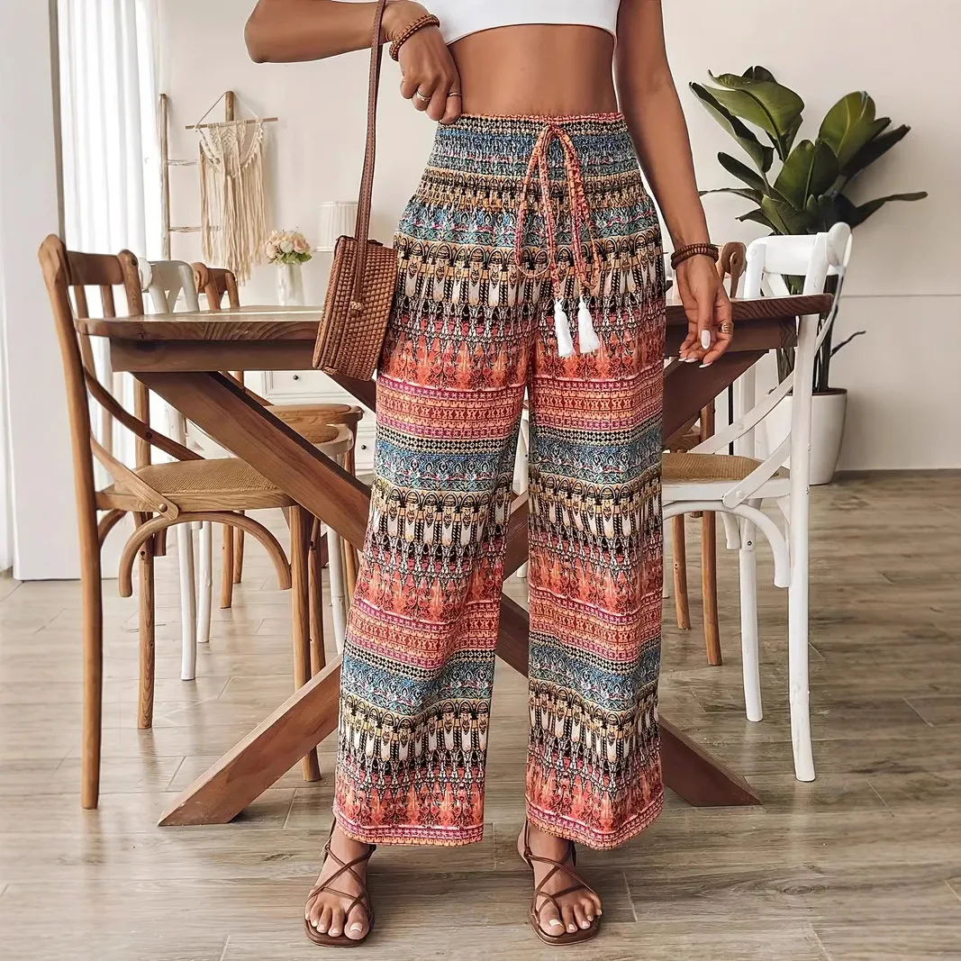 Women's Pants Print Baggy Pants Summer 2025 High Waist Wide Leg Pants Vintage Oversize Floral Trousers Loose Baggy Chic Pant