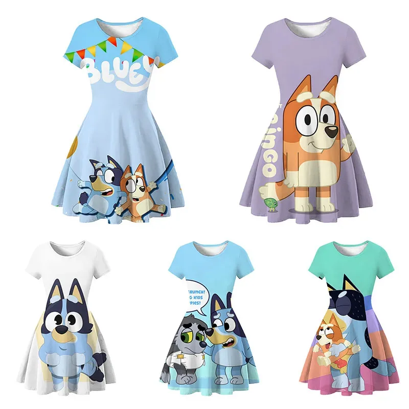 Sky02 2024 새로운 가족 여름 3d 인쇄 된 소녀 귀여운 만화 공주 드레스 애니메이션 빙고 소녀 반팔 홈 Pajam88Ji