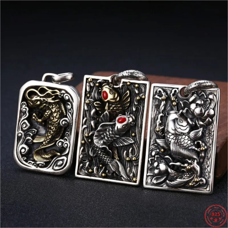 

S925 Sterling Silver Pendant for Men Women New Men's Fashion Relief Eternal Vine Totem Carps Argentum Amulet Punk Jewelry