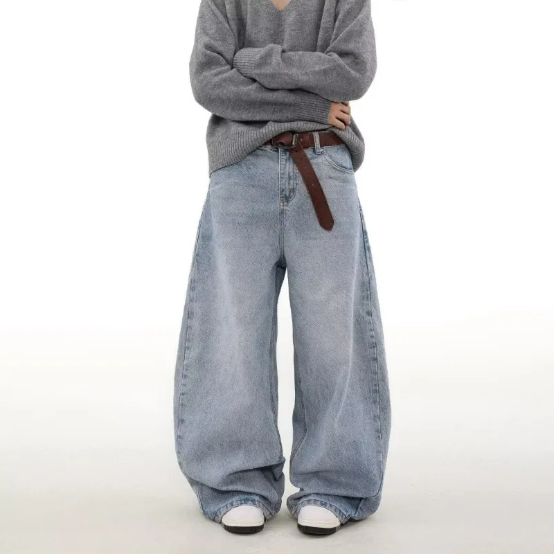 KIDWHXR Men Trousers American Retro Solid Color Washed Male Harem Pant Loose High Waist Wide Leg Versatile Man Denim Pant