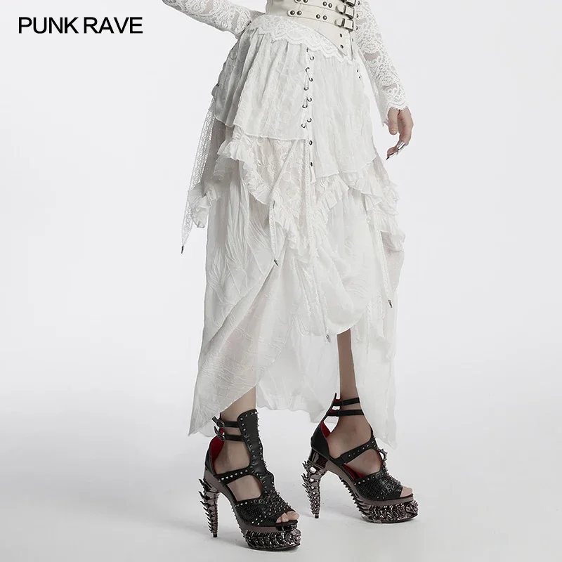 

PUNK RAVE женская готическая шифоновая сетчатая асимметричная шифоновая юбка с рюшами, длинные многослойные плиссированные юбки с высоким и низким вырезом, белые
