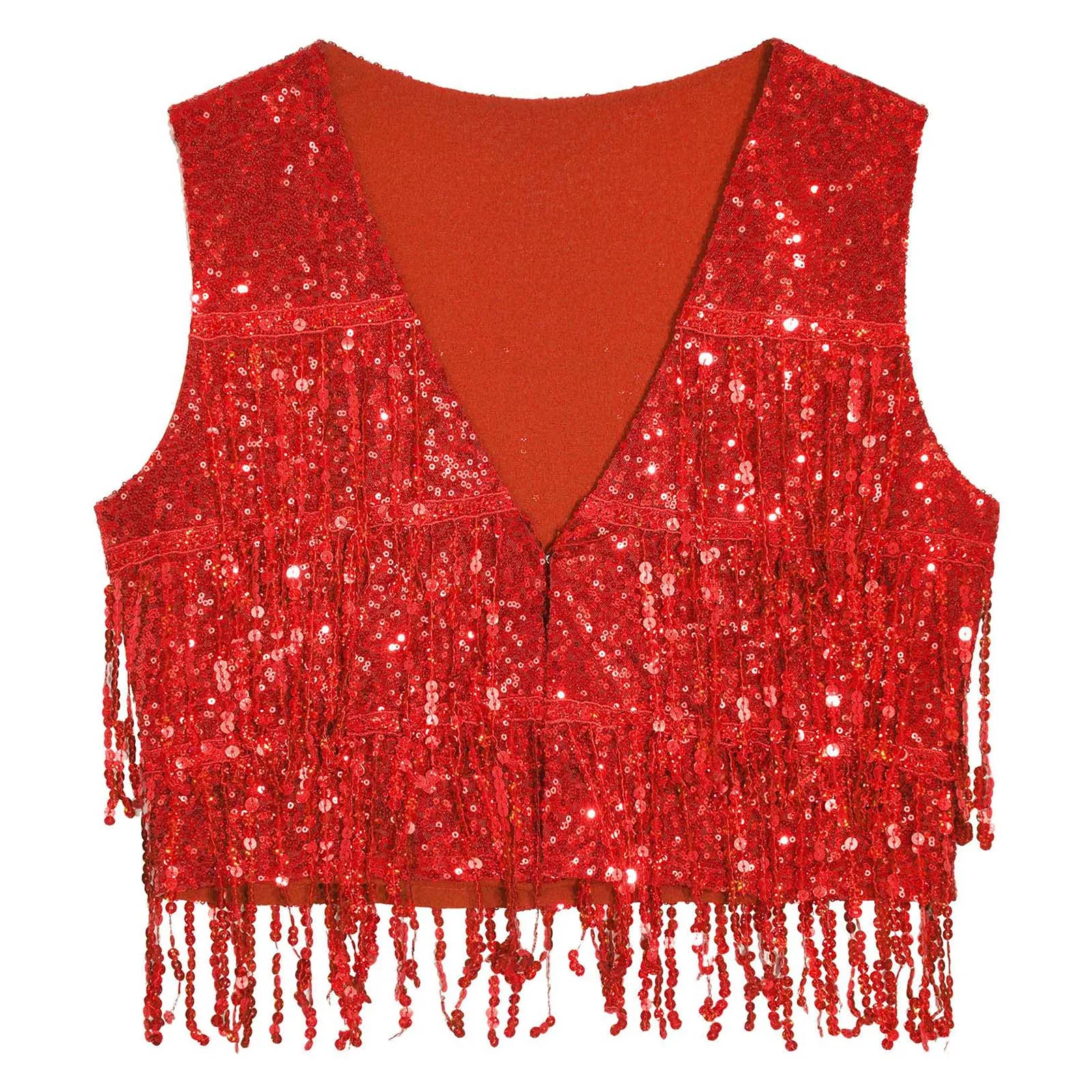 Womens Shiny Sequins Jazz Dance Vest Sleeveless V Neck Open Front Tassel Waistcoat Music Festival Carnivals Disco Party Clubwear