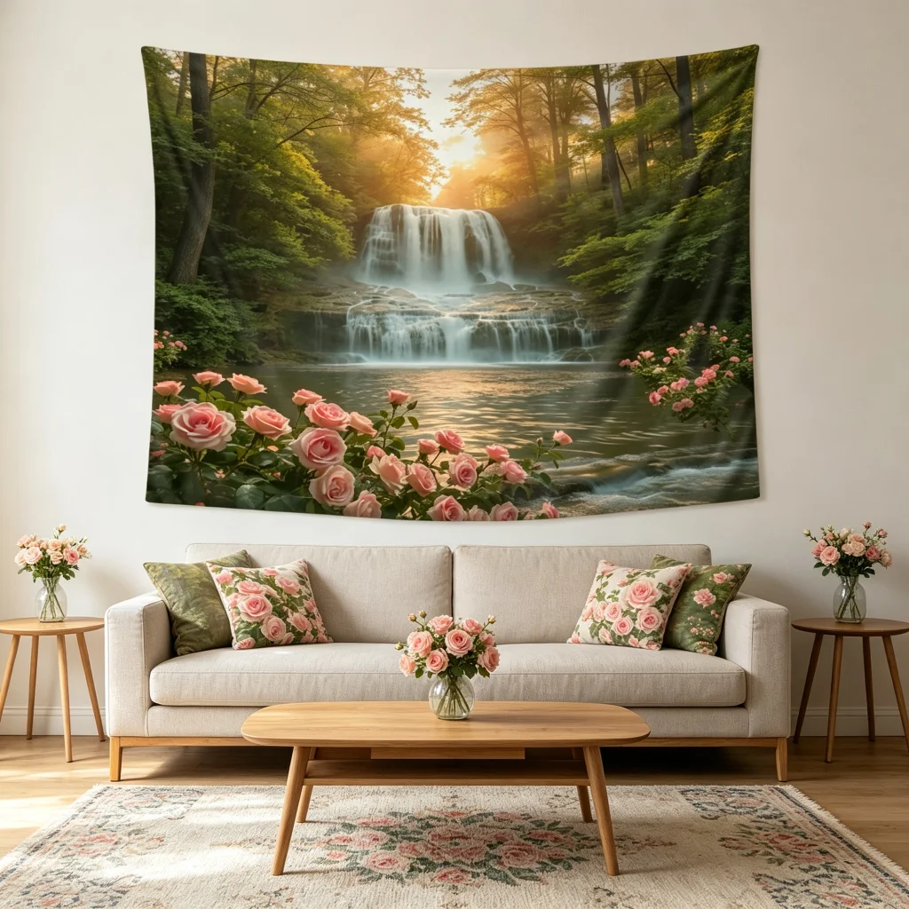 1PC Rose Waterfall Lake View Print Backdrop Banner, Bedroom Living Room Photo Background, Polyester, Home Decor, Wall Art