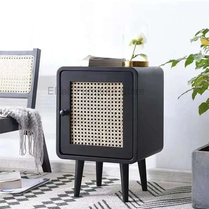 

Simple Bedside Table Small Modern Wicker Woven Minimalist Nordic Bedroom Retro Storage Narrow Bedside Cabinet