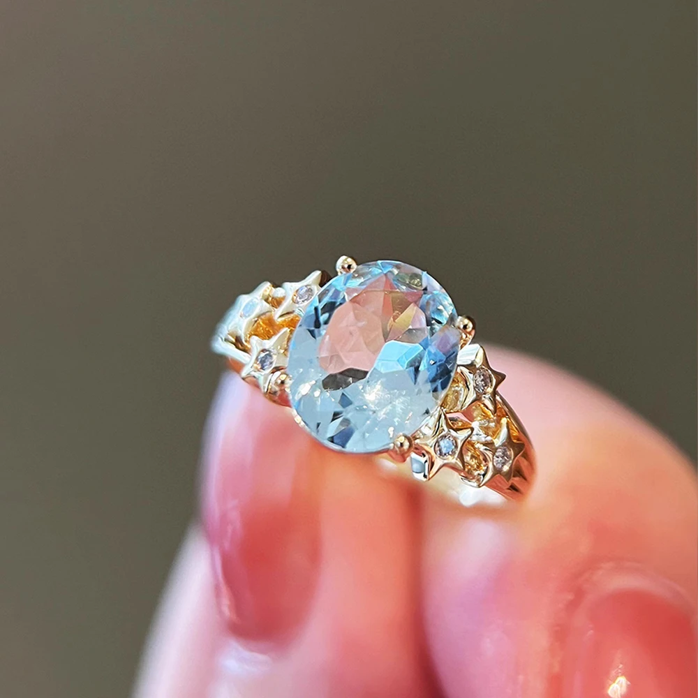 

Pure silver s925 ring Ins style 18k gold inlaid aquamarine gemstone women's ring exquisite and luxurious