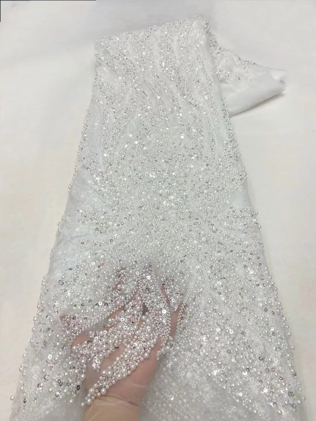 White African Sequins Pearls Lace Fabric 2024 High Quality French Heavy Beaded Tulle Lace Fabric Nigeria For Bridal Party Dress