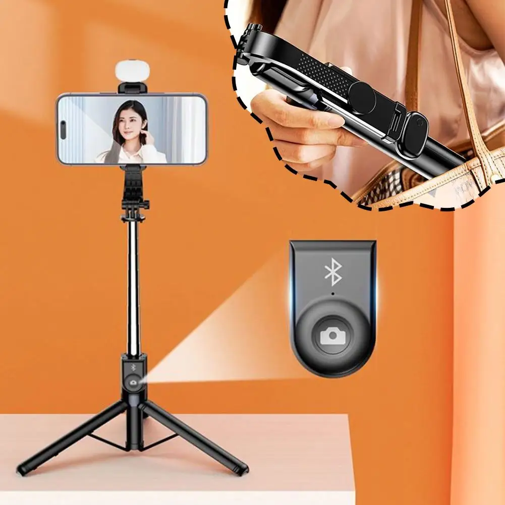 Palo de Selfie Bluetooth con luz de relleno, trípode con soporte, Control remoto, palo largo telescópico plegable para fotografía móvil