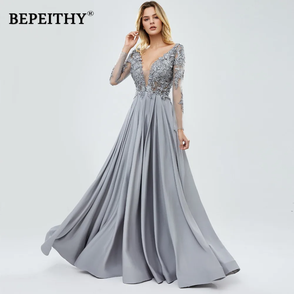 

BEPEITHY A-Line Long Sleeves Evening Dress Sexy Backless Lace Beading Gray Prom Dresses For Women 2023 Custom Made