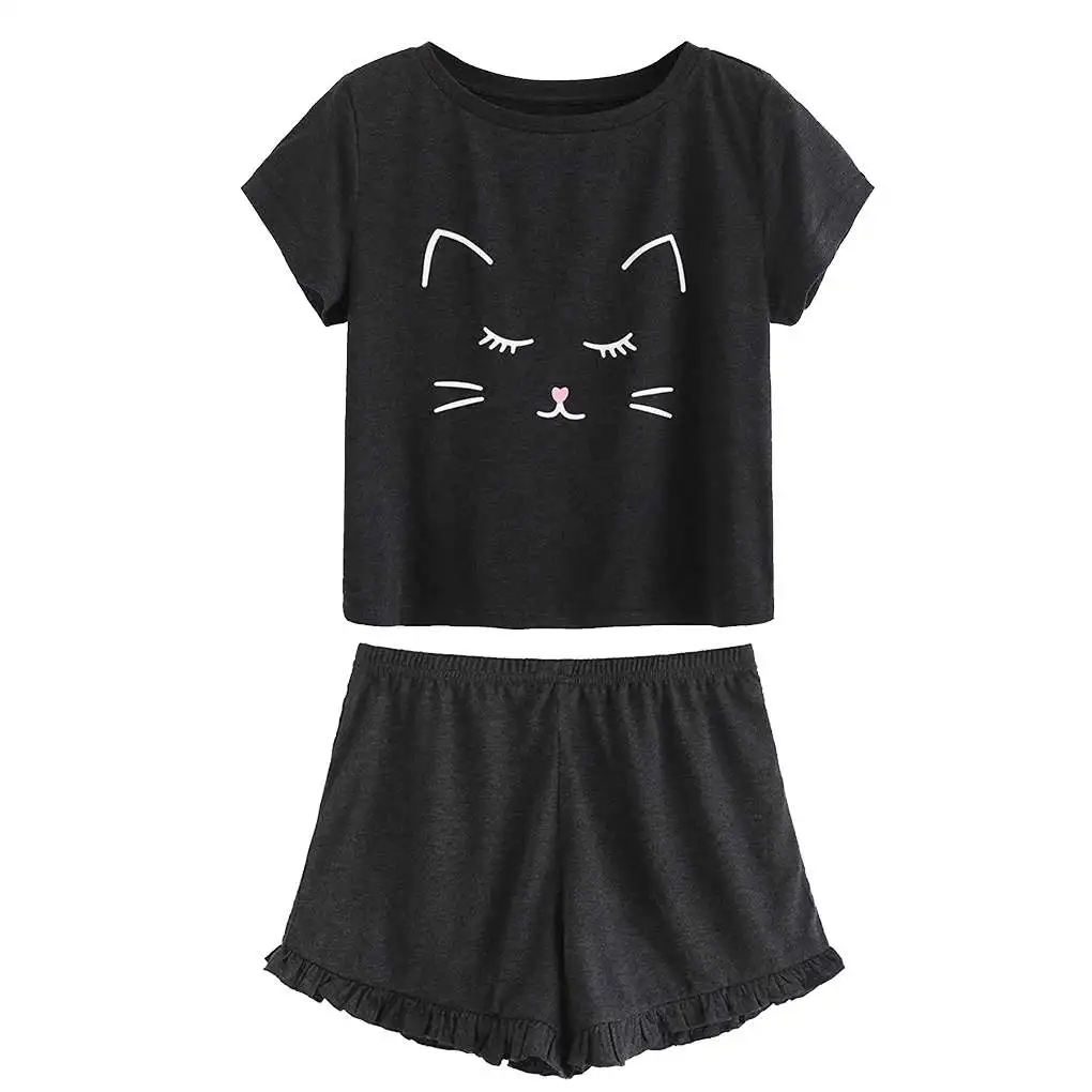 

Women's Casual Sleepwear Nightwear Set Pajamas Short Sleeve Cartoon Top Shorts