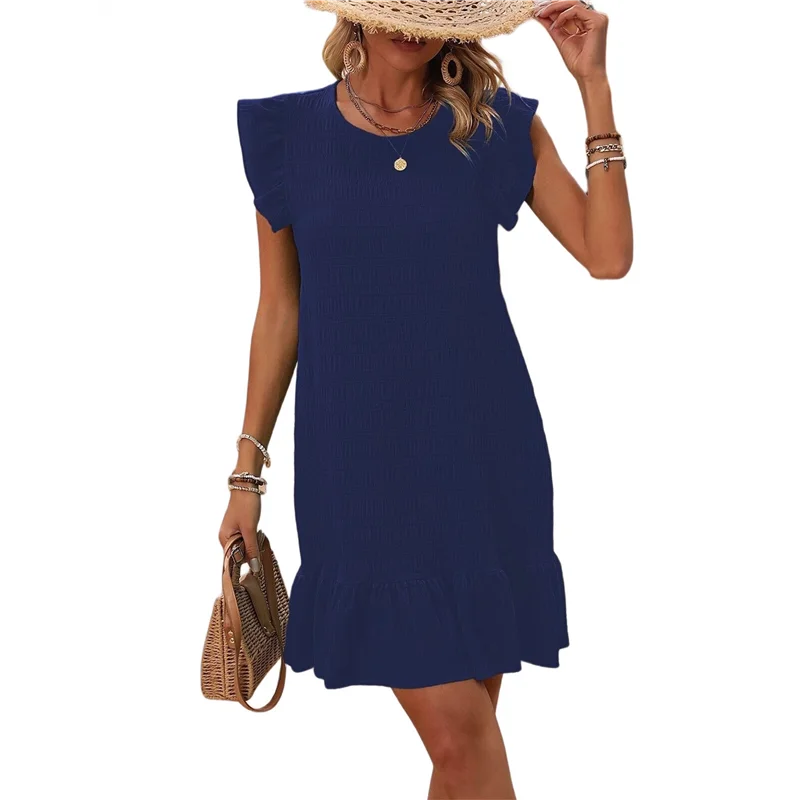 فساتين الصيف A09P للنساء جولة الرقبة كاب الأكمام كشكش تنحنح عارضة سموك البسيطة اللباس