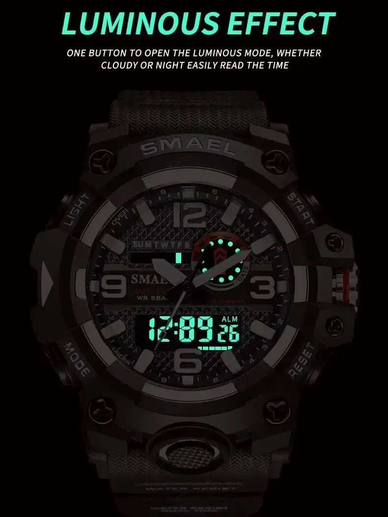 SMAEL Men Sport Watches Dual Time Digital Watch Quartz 50m Waterproof Watch Led Military Watch Sport 8035 Men Watches Wristwatch