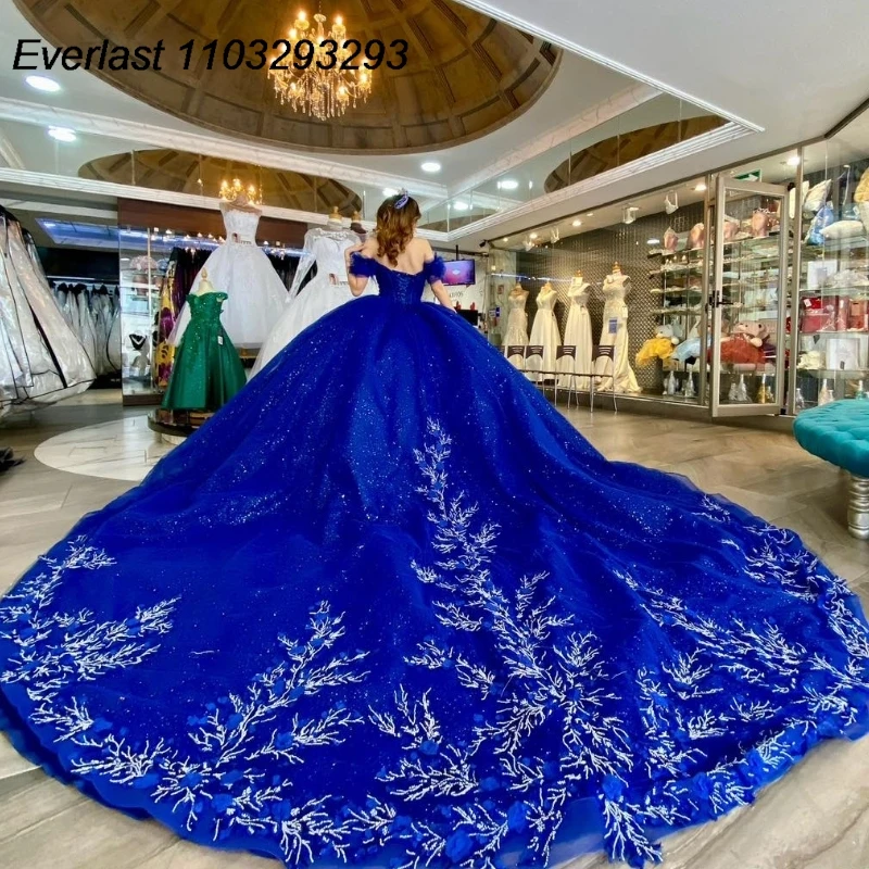 EVLAST Dostosowana suknia balowa Royal Blue Quinceanera Koronkowa aplikacja z cekinami Meksyk Gorset Sweet 16, Vestido De 15 Anos TQD299