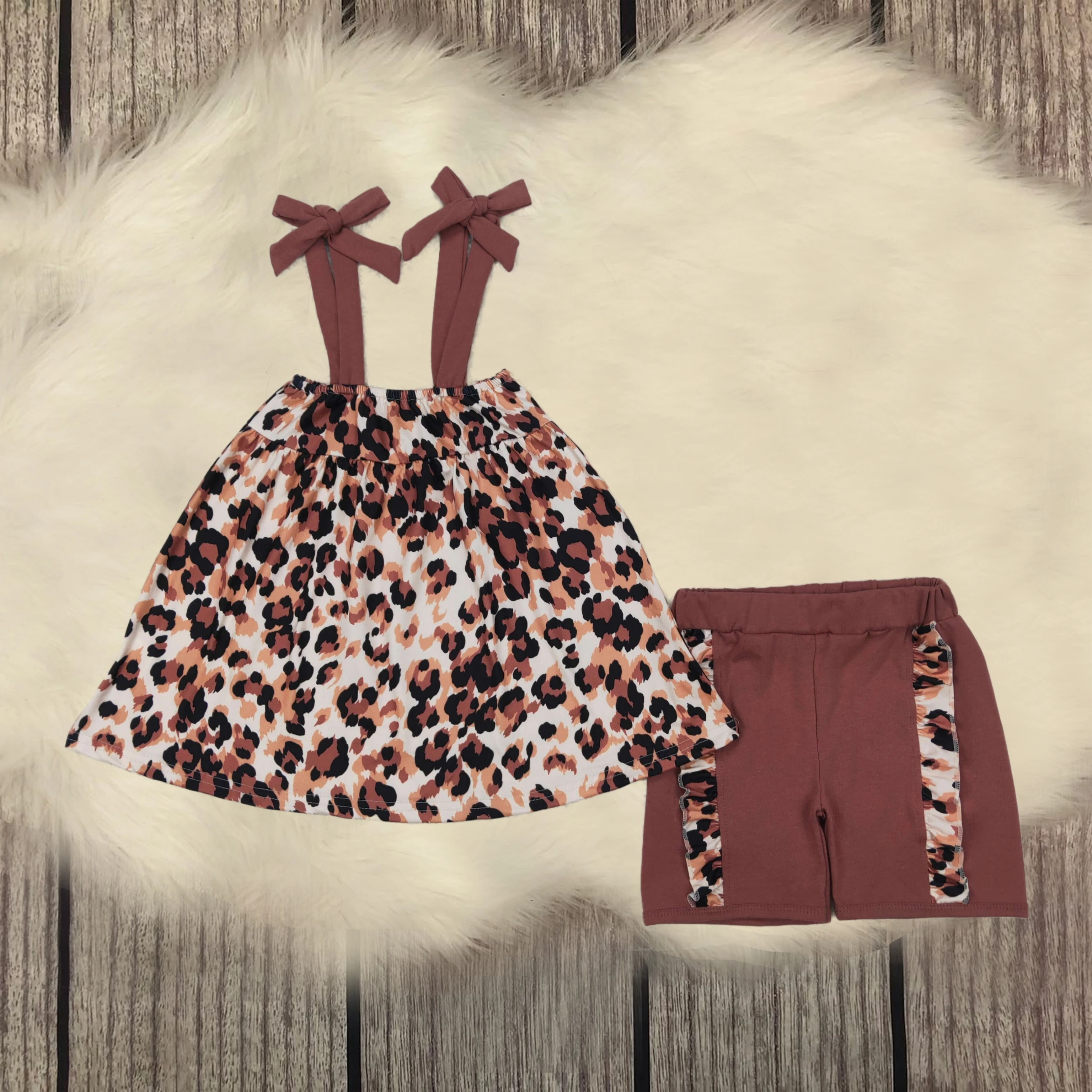 

Wholesale Children Infant Boutique Outfit Baby Girls Brown Bows Strap Leopard Tunic Top Kids Ruffle Cotton Shorts Clothes