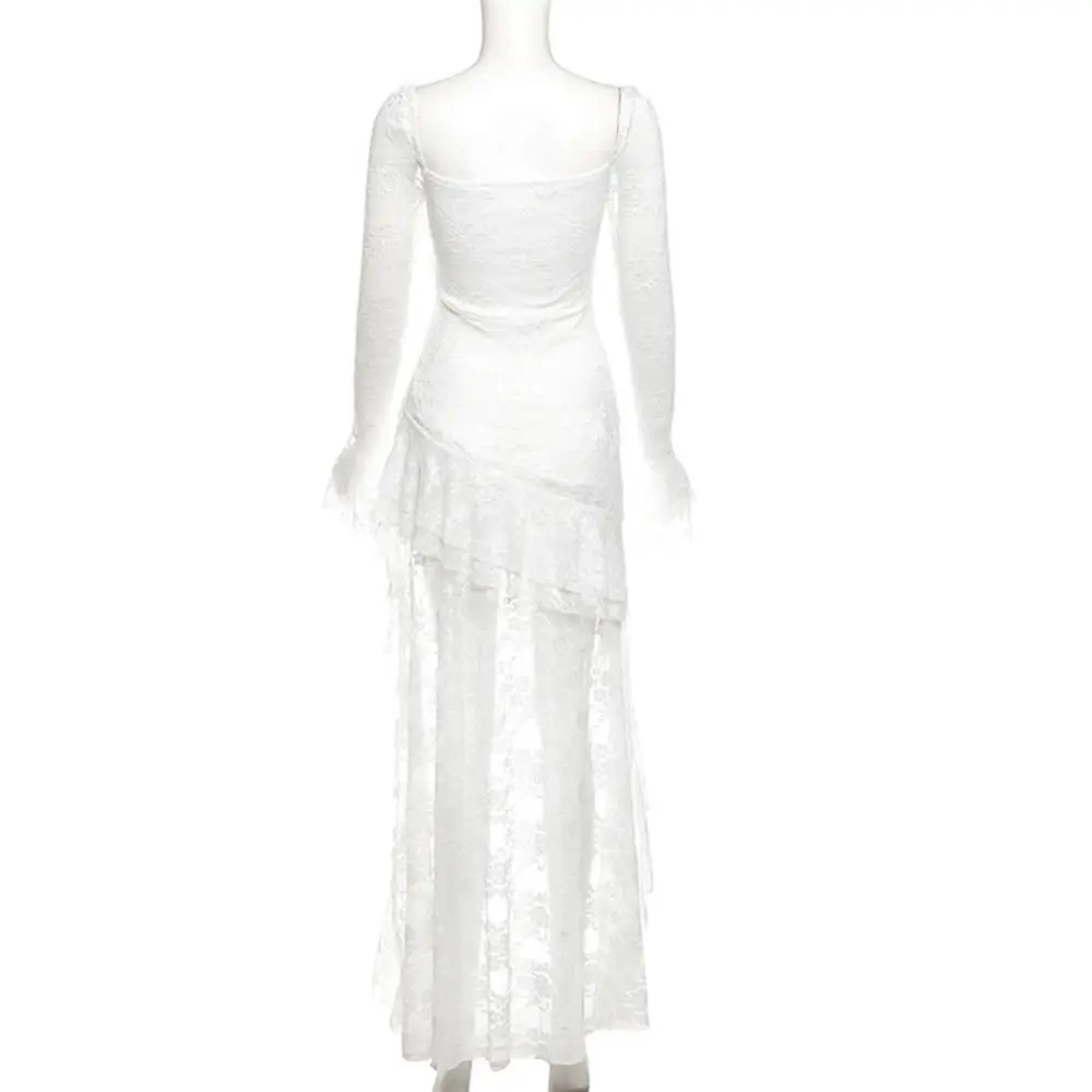 

Mesh Flower Lace Tassel Dress Transparent Ruffled Edge Lace Pleated Irregular Dress Spicy Girl Style A-line Lace Dress Women