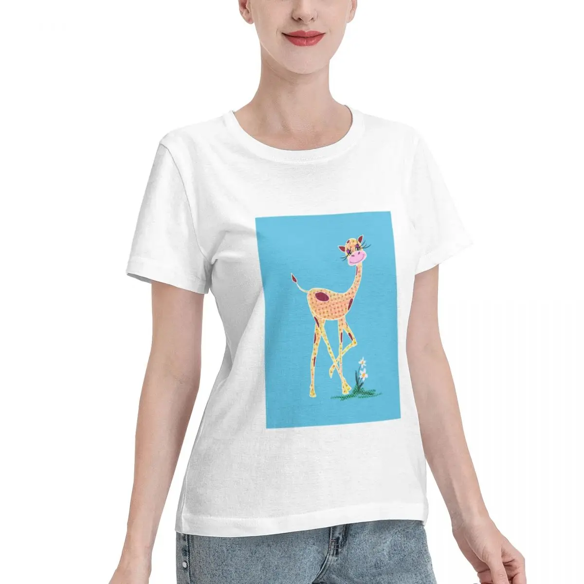Plus Size Available Cute Giraffe On Blue Background Women's T-shirt Urban Aesthetic Women Top