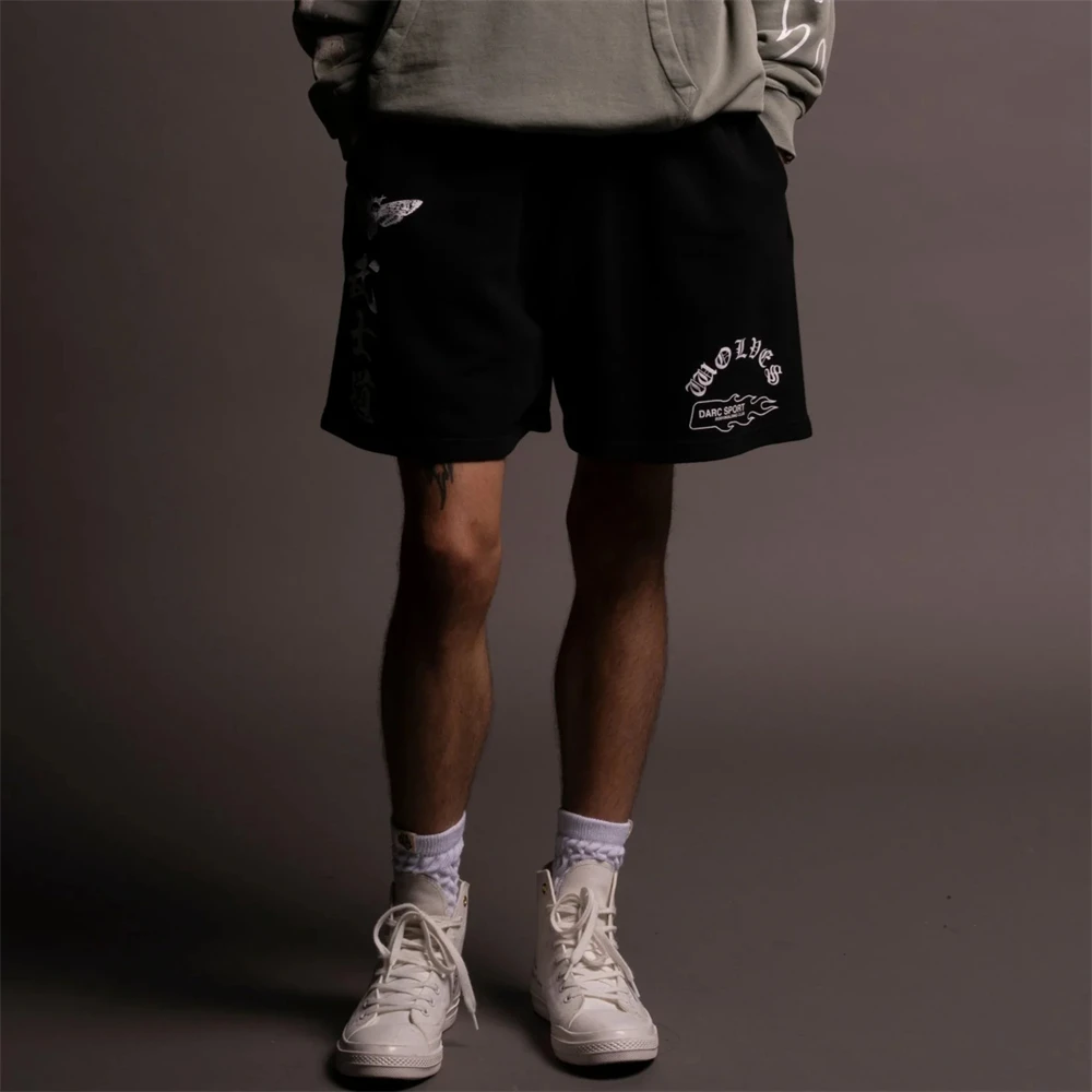 OKAMI WOLF OVERSIZED Men Cotton Shorts POST LOUNGE SWEAT SHORTS IN BLACK Casual Quarte Point Pant Joggers Gym Sports Sweatpants