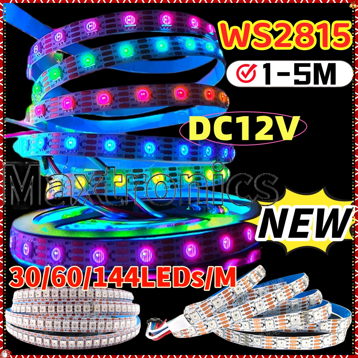 1-5M DC12V WS2815 RGB LED Strip Lights WS2812B WS2813 Updated Individually Addressable Dual Signal 30/60/144LEDs/M IP30 65 67