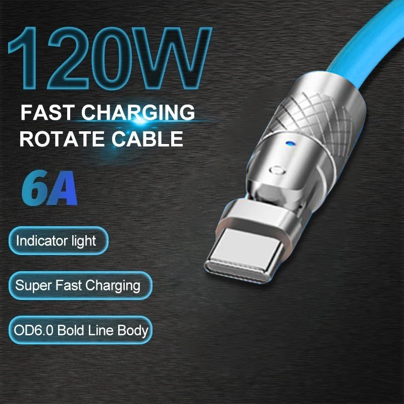 120W 6A Usb Type-C Super Fast Charging Cable 180 Degree Rotating Elbow Zinc Alloy Game Charging Cable for Samsung Huawei Xiaomi