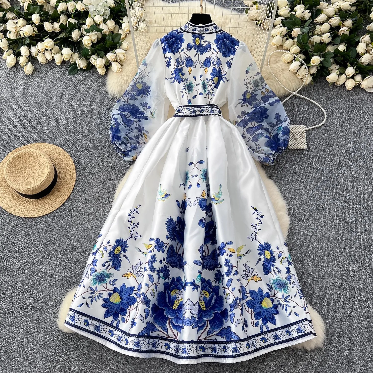 Spring Bohemian Long Dresses Holiday Women Puff Sleeve Cross V Neck Flower Print Bandage Lace Up Robe Vestidos Female Clothes