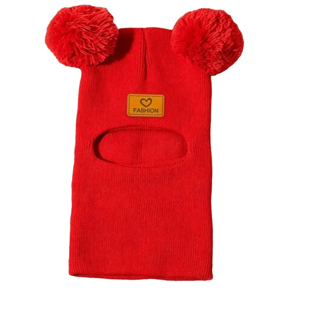 Double Pompon Winter Balaclava Solid Color Elastic Weave Knit Beanie Warm Padding Integrated Design Earflap Cap Little Girls
