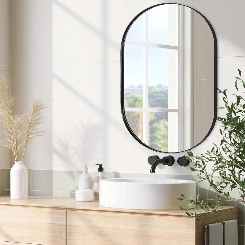 Large Oval Black Bathroom Vanity Mirror, 30x40 Inch, Stainless Steel Metal Frame, Shatterproof Glass, Wall Mounted