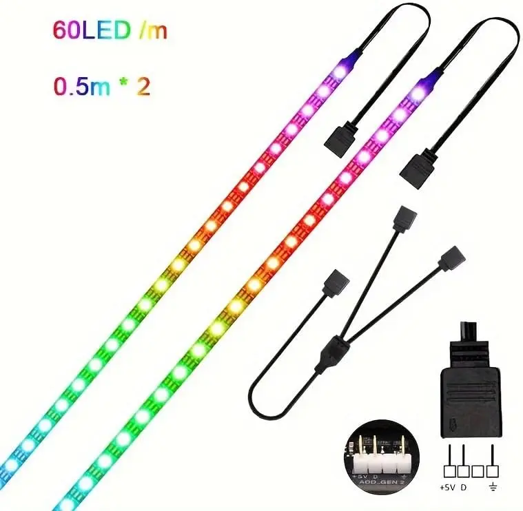 

Светодиодная RGB-лента для корпуса ПК, 2x19,7 дюйма, 60 светодиодов, адресная LED-лента для материнской платы, 5В, 3-контактный разъем, для игровых корпусов, DIY-освещение