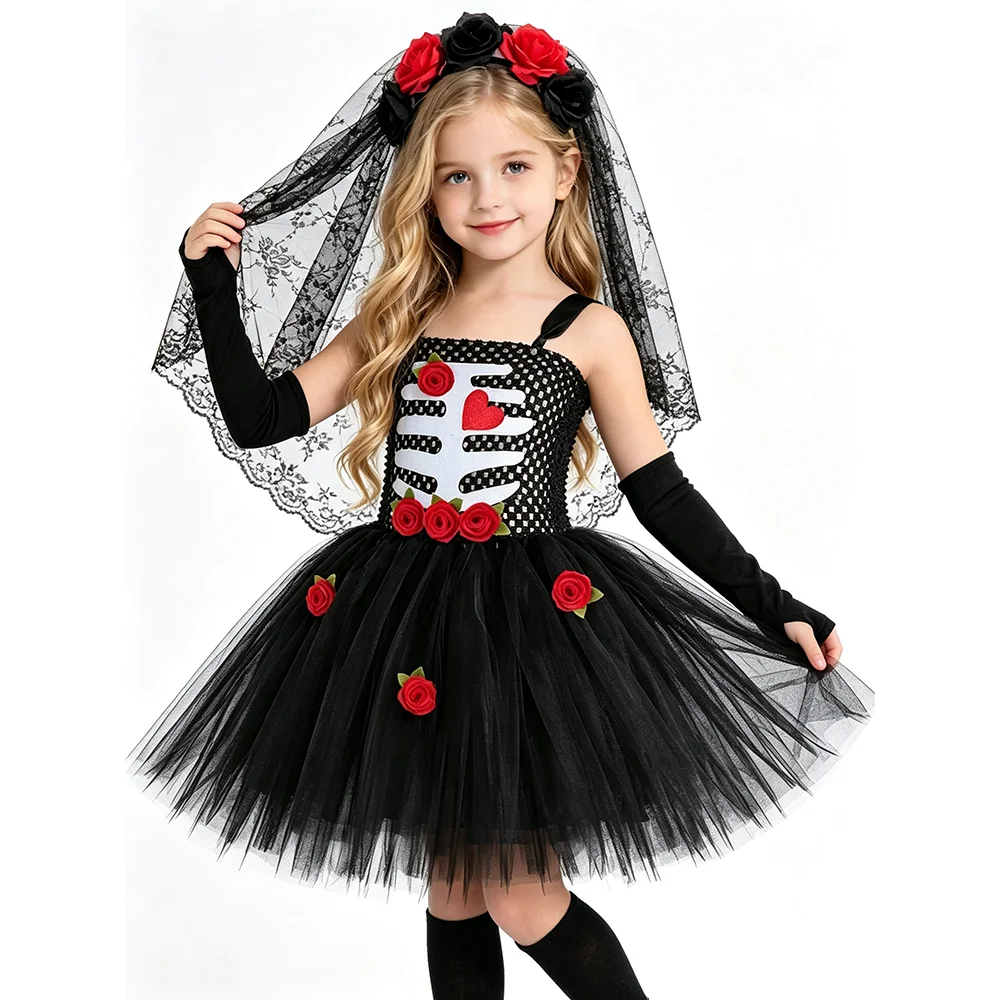 Girls Skeleton Bride Costume Kids Scary Skull Halloween Fancy Tutu Dress Ghost Bride Tulle Outfit with Rose Lace Veil Socks
