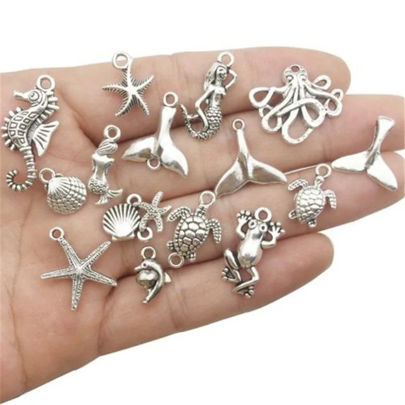 50/100pcs Mixed Tibetan Silver Charms Diy Silver Beads Accessories Heart Shape Cross Pendant Starfish Elephant Metal Charm Etc.