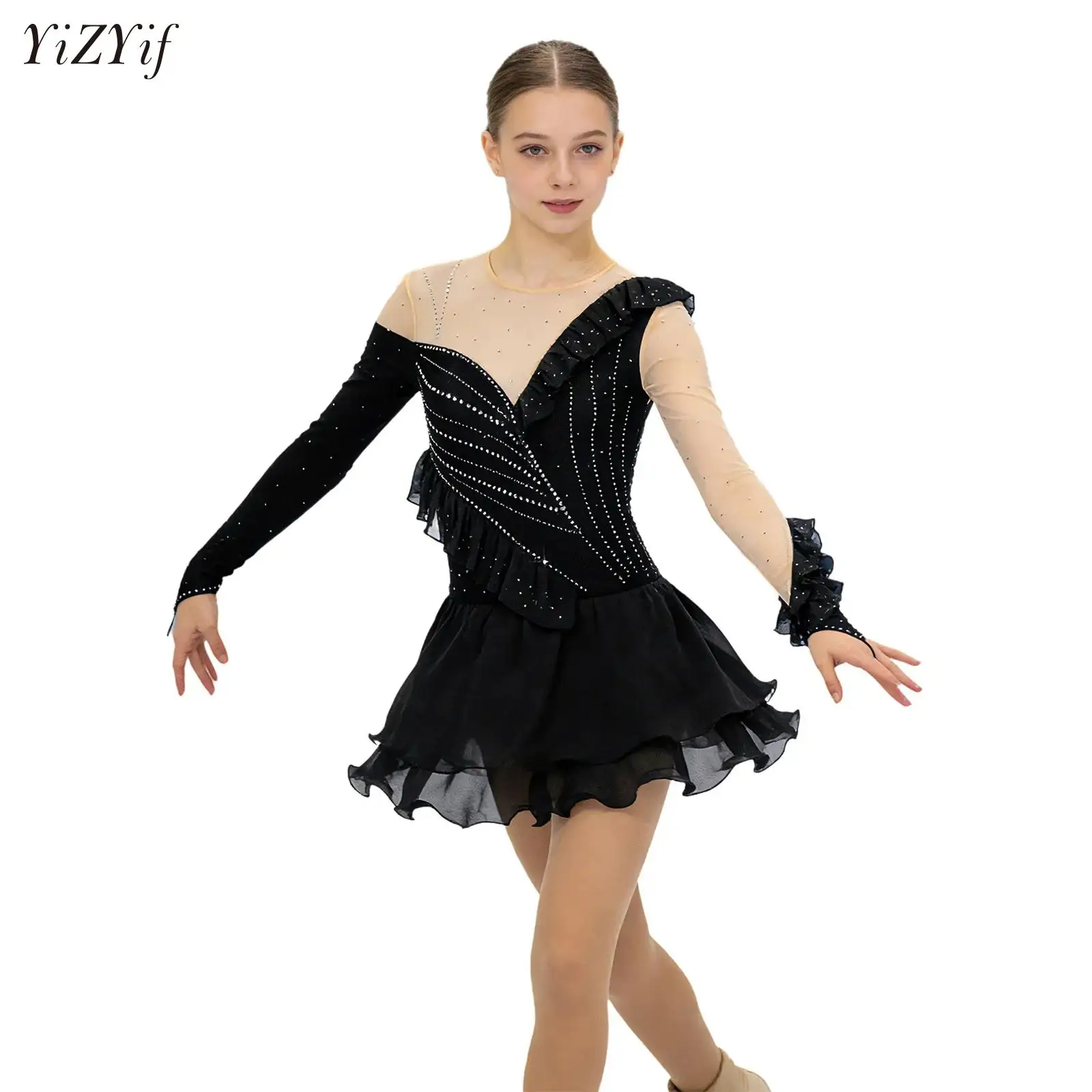 

Womens Ballet Jersey Dance Leotard Dress Gymnastics Figure Skating Ballet Lyrical Dance Costume Long Sleeves Shiny Rhinestones