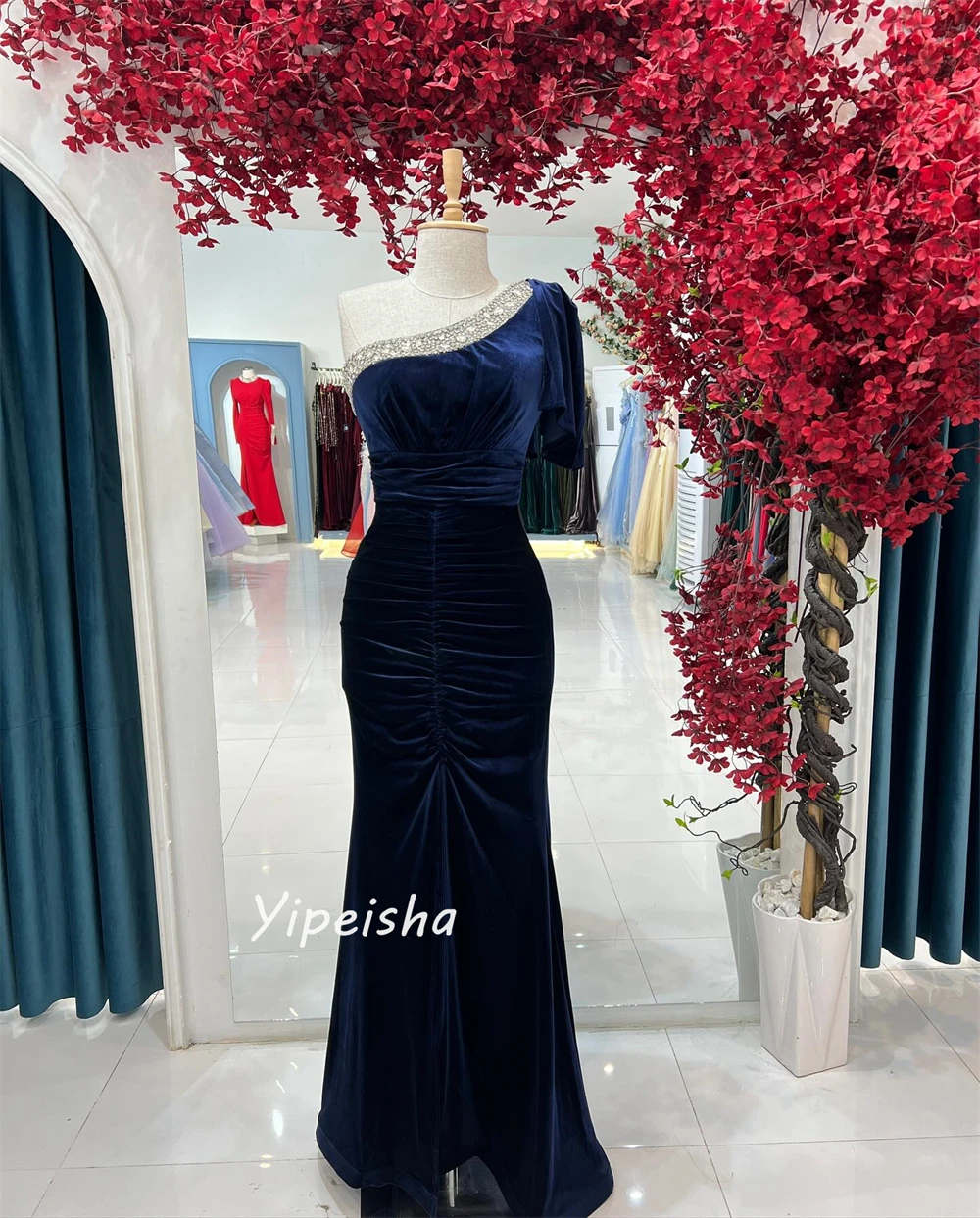 Exquisite Modern Style One-Shoulder A-line Beading Sequined Ruched Floor-Length Velour Evening Dresses