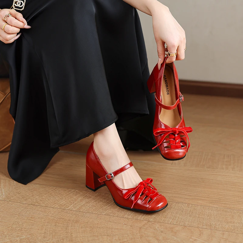 Genuine Leather Sheepskin Woven Hollow out Women Sandals,Butterfly Knot Mary Janes Shoes,Summer High Heels Ballet Women's Shoes