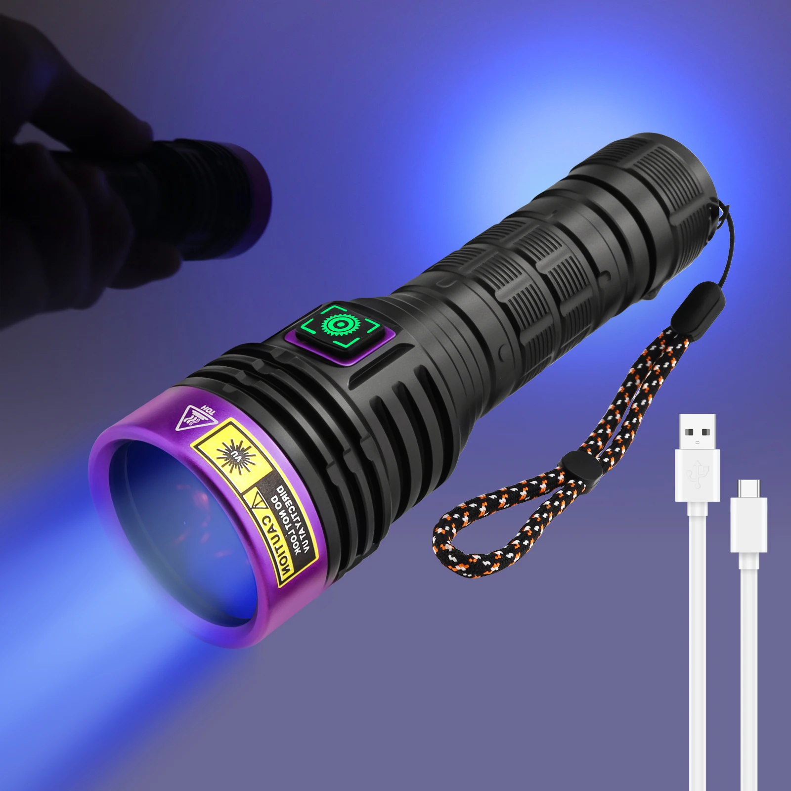 SecurityIng Y58 4-core 3 LED UV 365 nm Black Light Flashlight with TypeC Charging, 21700 Battery Powered 30W Blacklight